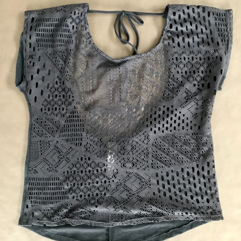 Grey Lace Patchwork Open Back Shirt